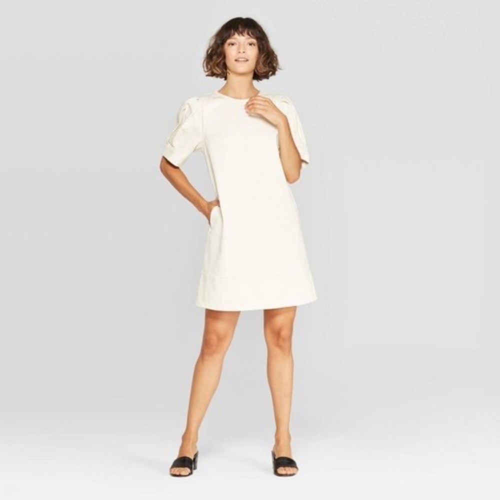 Who What Wear x Target Elbow Sleeve Scoop Neck A Line Shift Dress, Cream